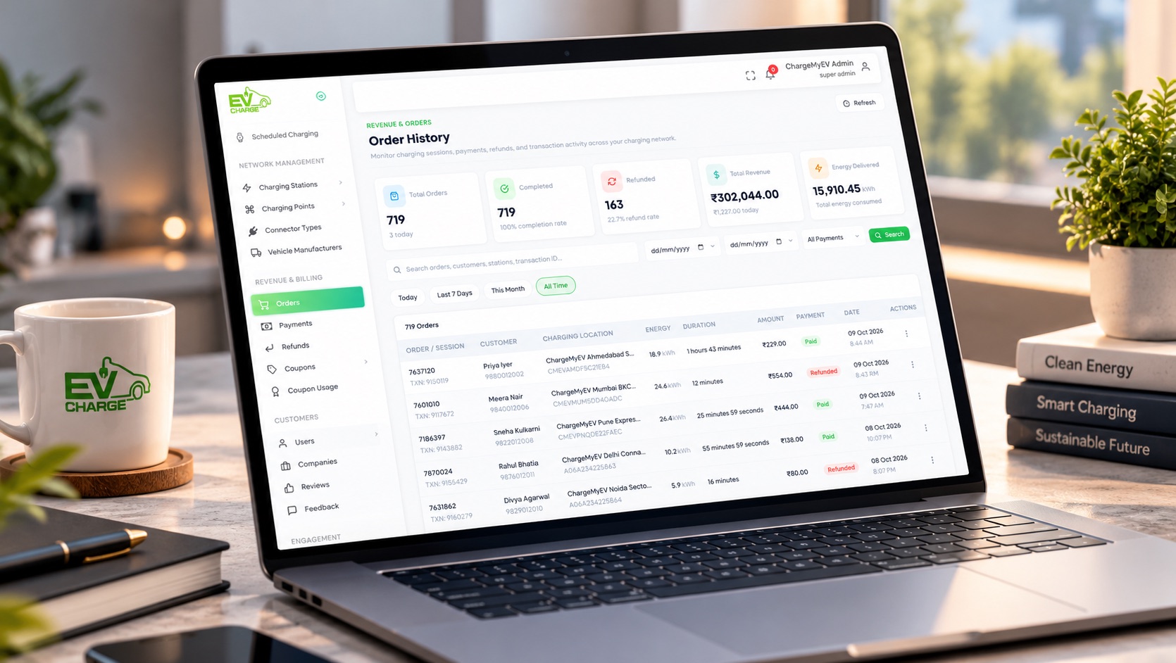 Order history screen with revenue, refunds and energy delivered